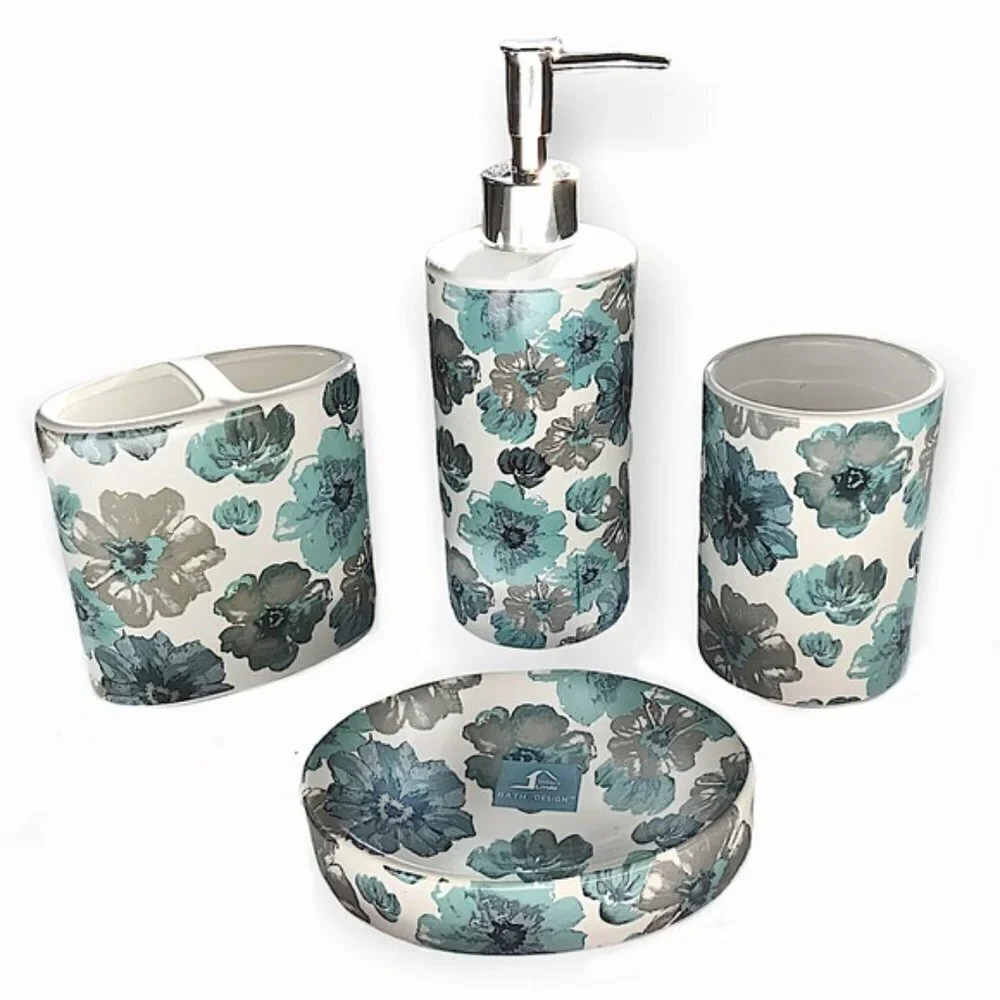 Floral Bath Accessory Ceramic Set Sun Splash Collection White Blue 4 Piece Set